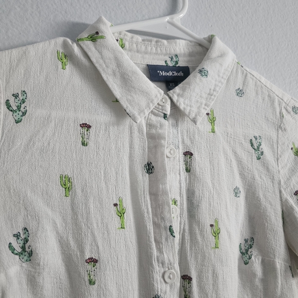 Modcloth 100% Cotton Cactus Print Short Sleeve Button-up Shirt XS X-Small White - Picture 2 of 5